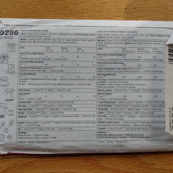 Vintage Doll Clothes Sewing Pattern Dress 12" to 22" Dolls Simplicity 9286 UNCUT - Picture 4 of 9